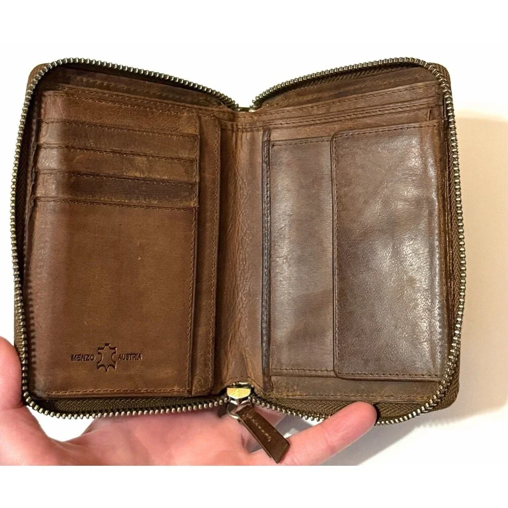 European Brown Leather Zip Wallet Coin Pocket Menzo Austria Heritage